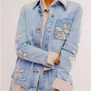 Driftwood X Free People Shabby Chic Floral Embroidered Denim Jacket NWT
